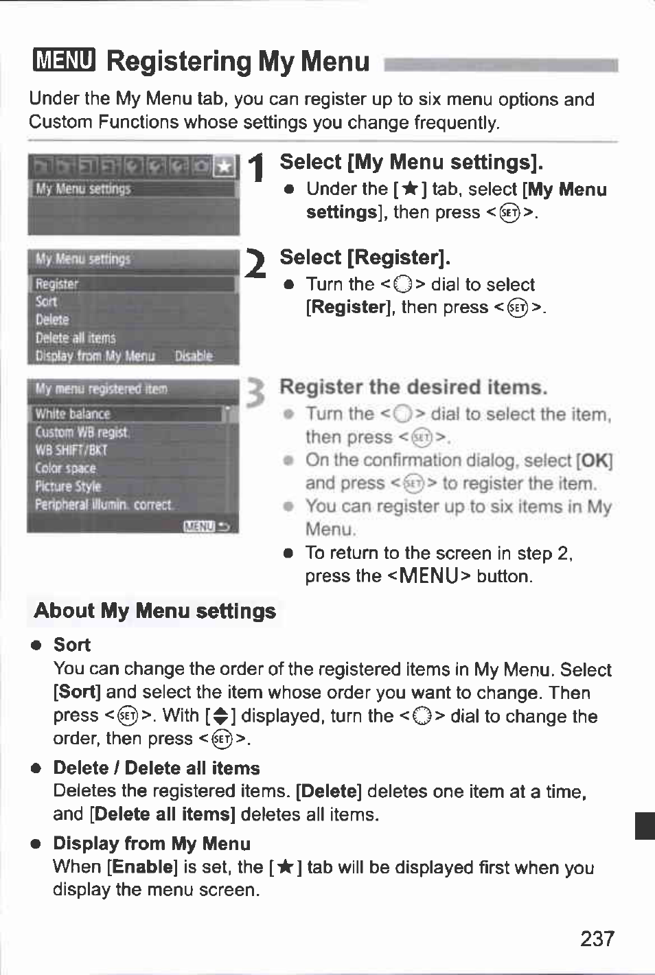 Registering му menu, Select [my menu settings, Select [register | About my menu settings, Registering my menu | Canon EOS-1D Mark IV User Manual | Page 237 / 276