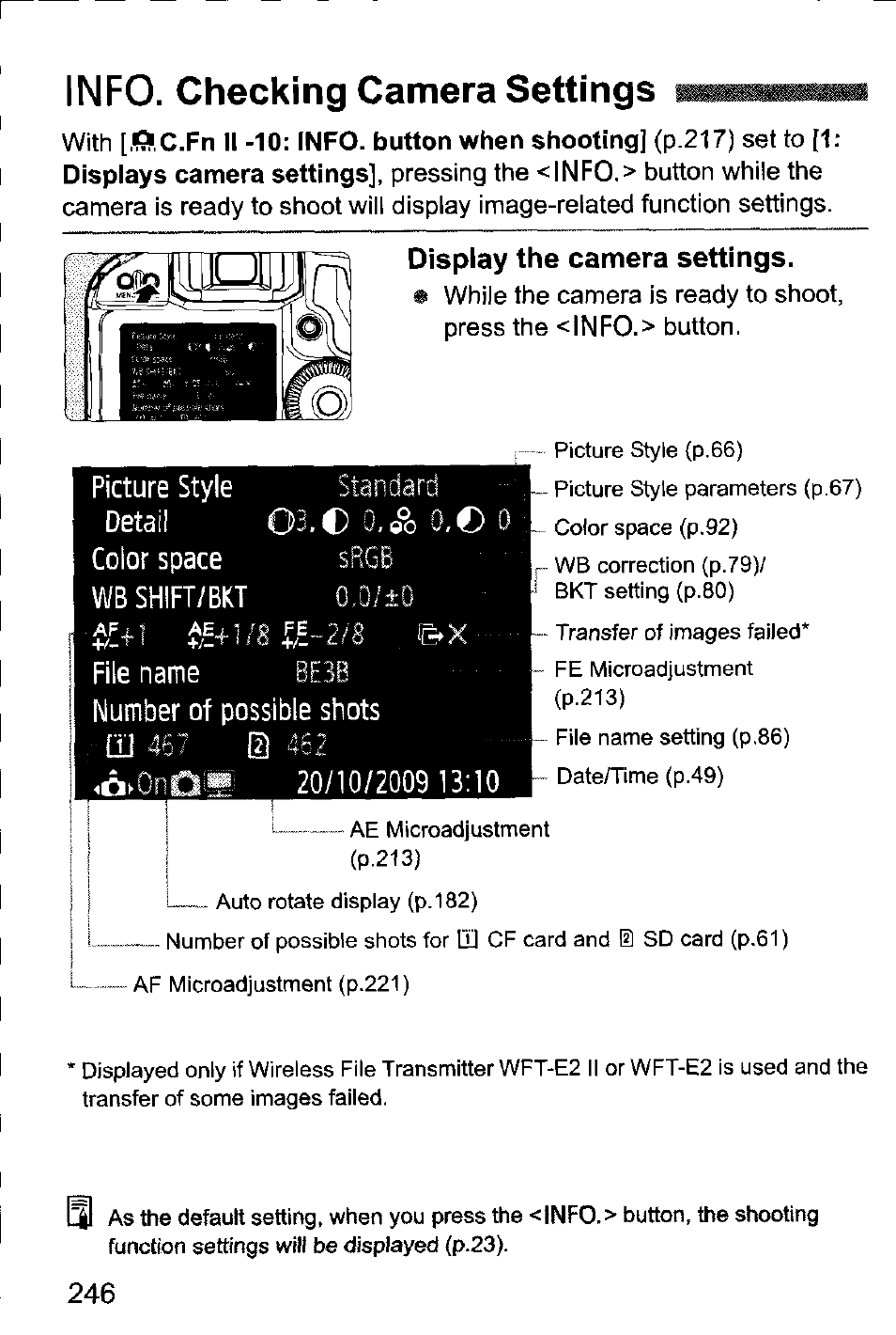 Info. checking camera settings, Display the camera settings | Canon EOS-1D Mark IV User Manual | Page 246 / 276