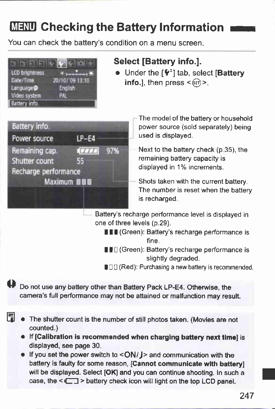 Checking the battery information, Select [battery info | Canon EOS-1D Mark IV User Manual | Page 247 / 276