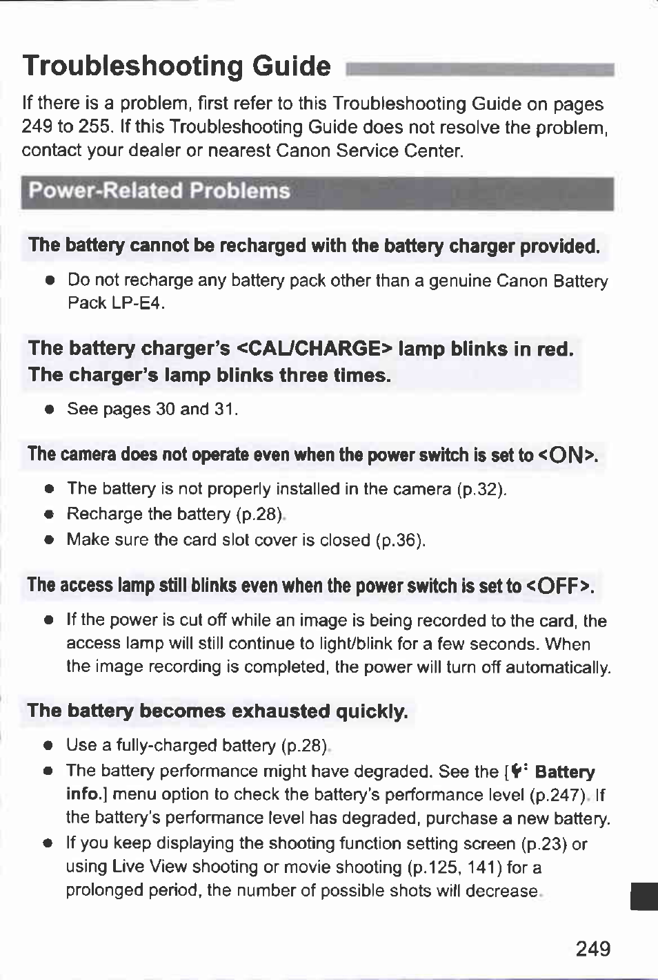 Troubleshooting guide, Power-related problems, The charger’s lamp blinks three times | The battery becomes exhausted quickly | Canon EOS-1D Mark IV User Manual | Page 249 / 276
