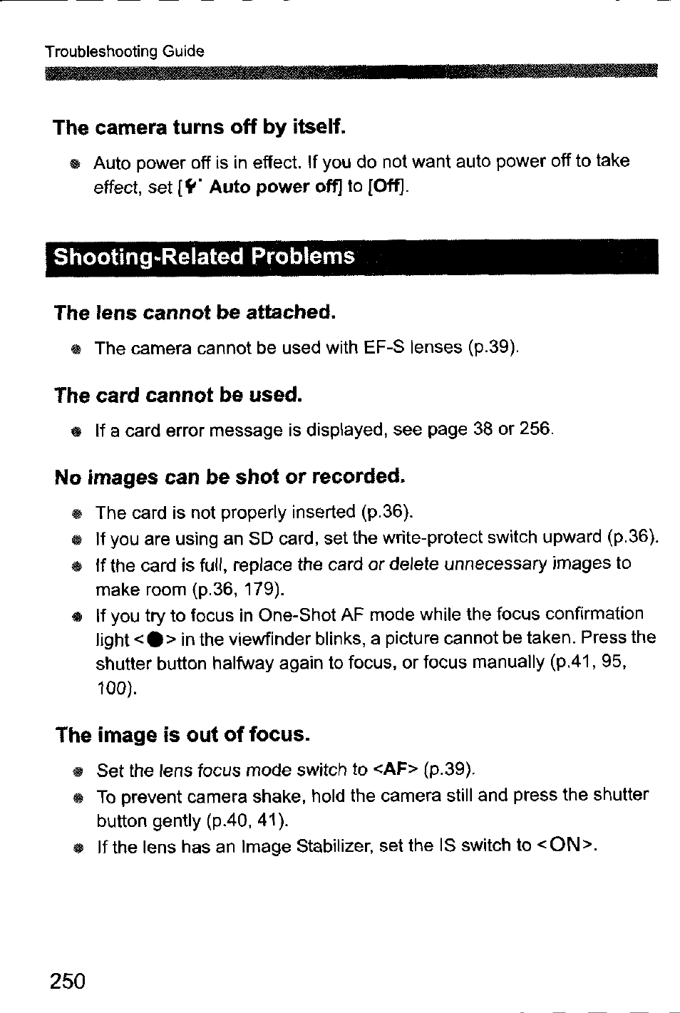 The camera turns off by itself, Shooting>related problems, The lens cannot be attached | The card cannot be used, No images can be shot or recorded, The image is out of focus | Canon EOS-1D Mark IV User Manual | Page 250 / 276