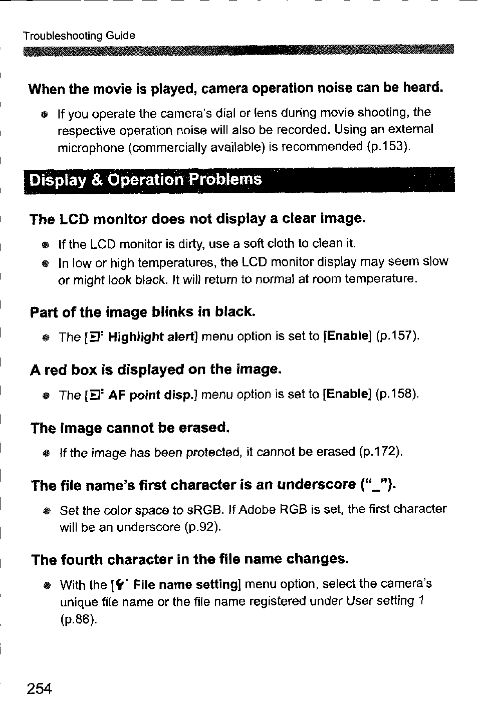 The lcd monitor does not display a clear image, Part of the image blinks in black, A red box is displayed on the image | The image cannot be erased, The fourth character in the file name changes | Canon EOS-1D Mark IV User Manual | Page 254 / 276