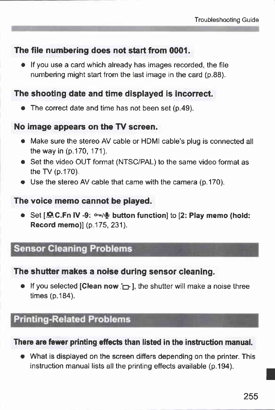 The file numbering does not start from 0001, The shooting date and time displayed is incorrect, No image appears on the tv screen | The voice memo cannot be played, Sensor cleaning problems, The shutter makes a noise during sensor cleaning, Printing-related problems | Canon EOS-1D Mark IV User Manual | Page 255 / 276