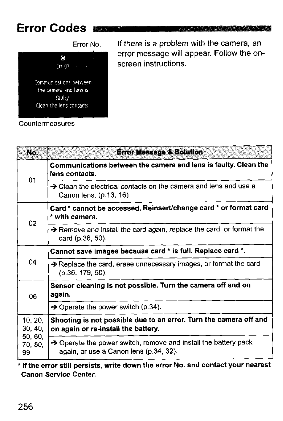 Error codes, Emor codes | Canon EOS-1D Mark IV User Manual | Page 256 / 276