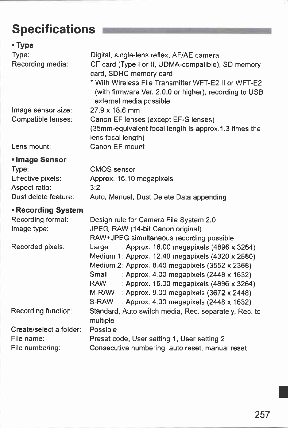 Specifications | Canon EOS-1D Mark IV User Manual | Page 257 / 276