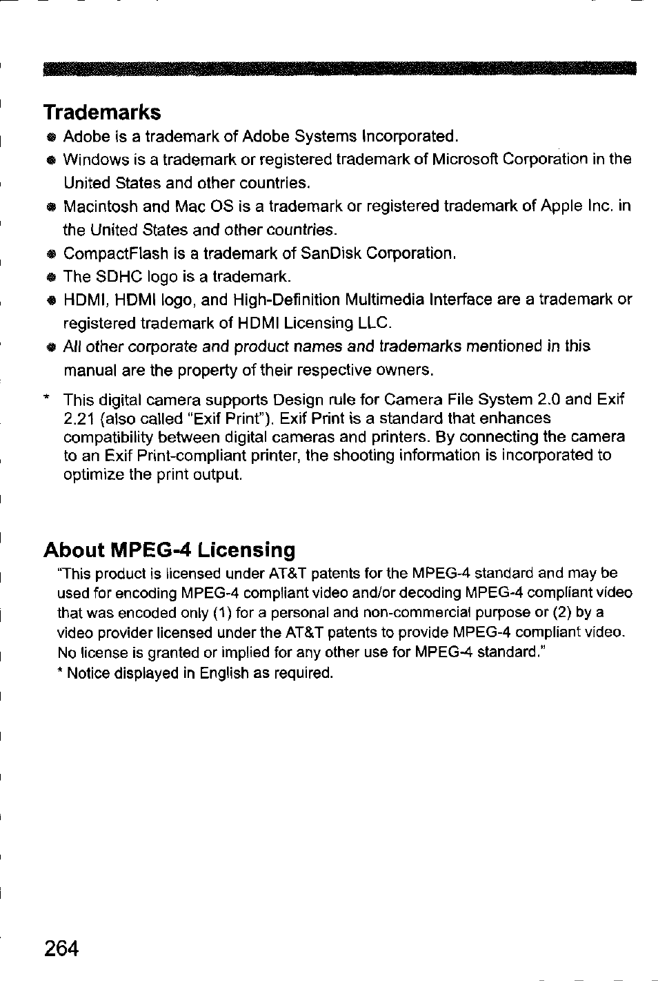 Trademarks, About mpeg-4 licensing | Canon EOS-1D Mark IV User Manual | Page 264 / 276