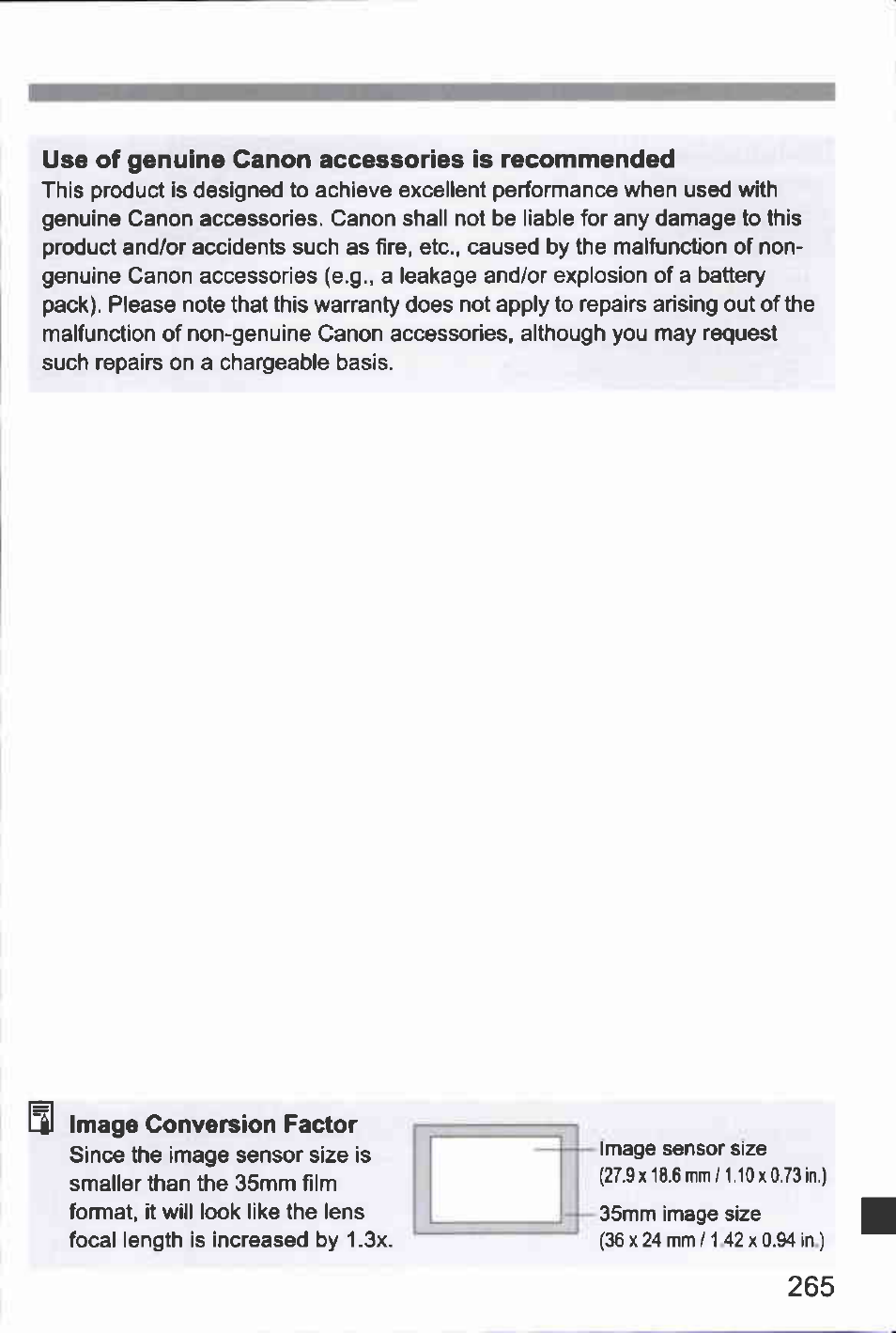 Use of genuine canon accessories is recommended, 1^ image conversion factor | Canon EOS-1D Mark IV User Manual | Page 265 / 276