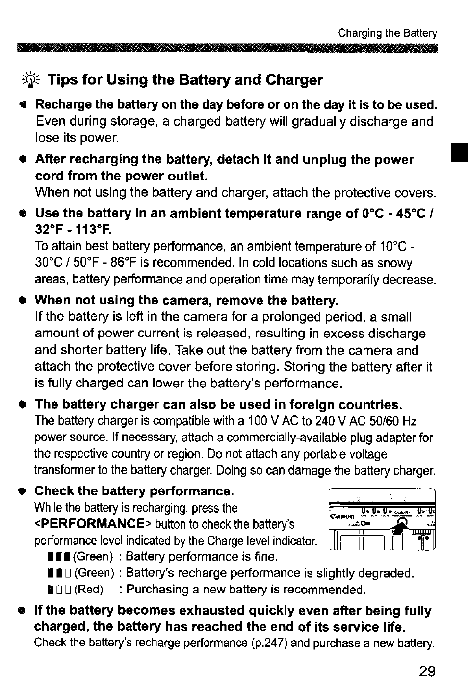 Tips for using the battery and charger | Canon EOS-1D Mark IV User Manual | Page 29 / 276