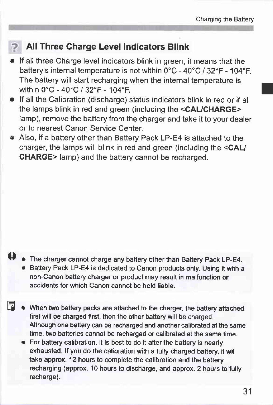 7 all three charge level indicators blink | Canon EOS-1D Mark IV User Manual | Page 31 / 276