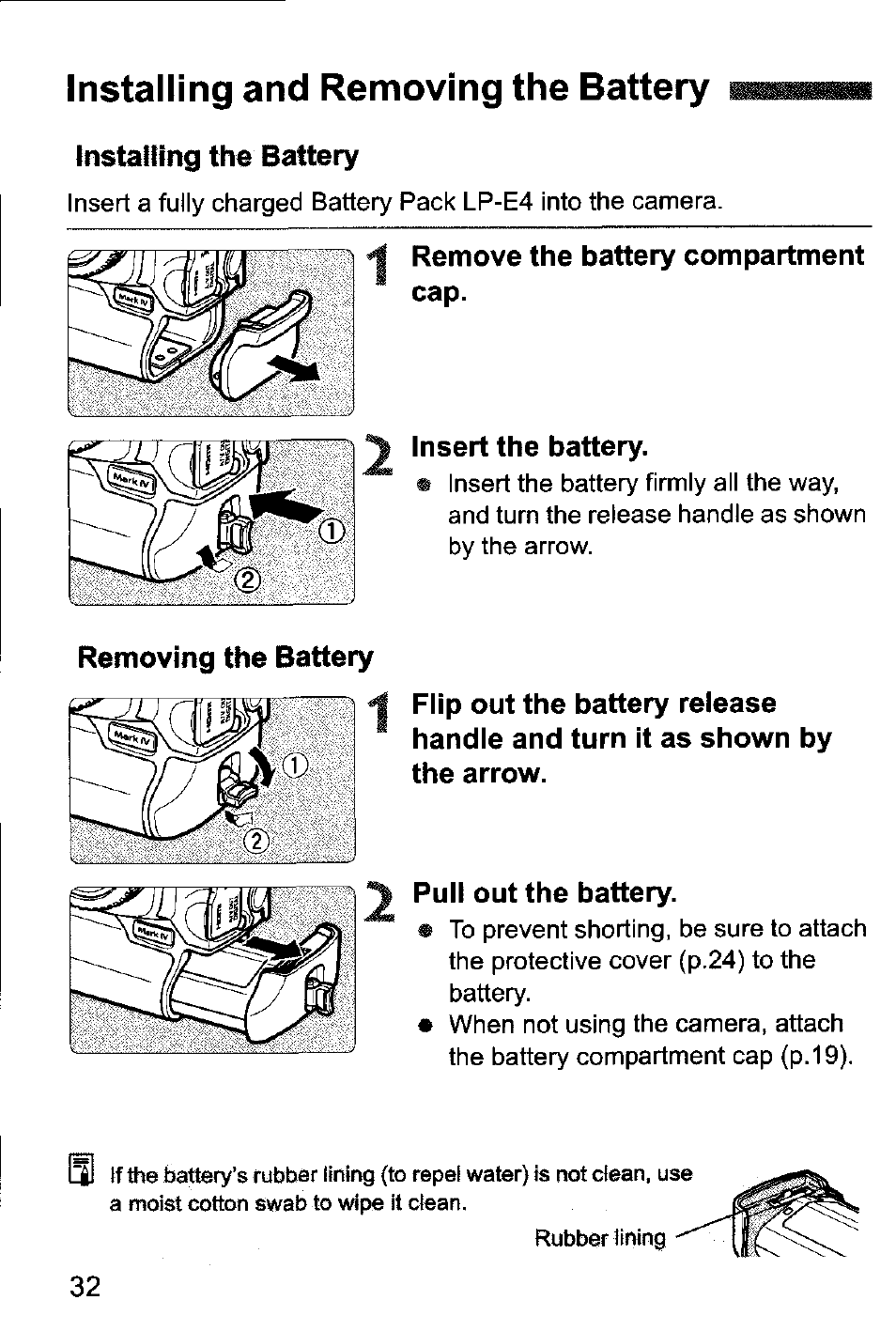 Installing and removing the battery, Installing the battery, Removing the battery | Insert the battery, Pull out the battery, Installing and removing the card | Canon EOS-1D Mark IV User Manual | Page 32 / 276