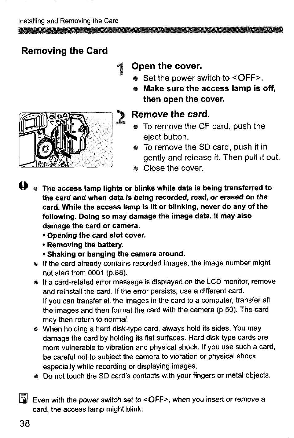Removing the card, Open the cover, Remove the card | Removing the card open the cover | Canon EOS-1D Mark IV User Manual | Page 38 / 276