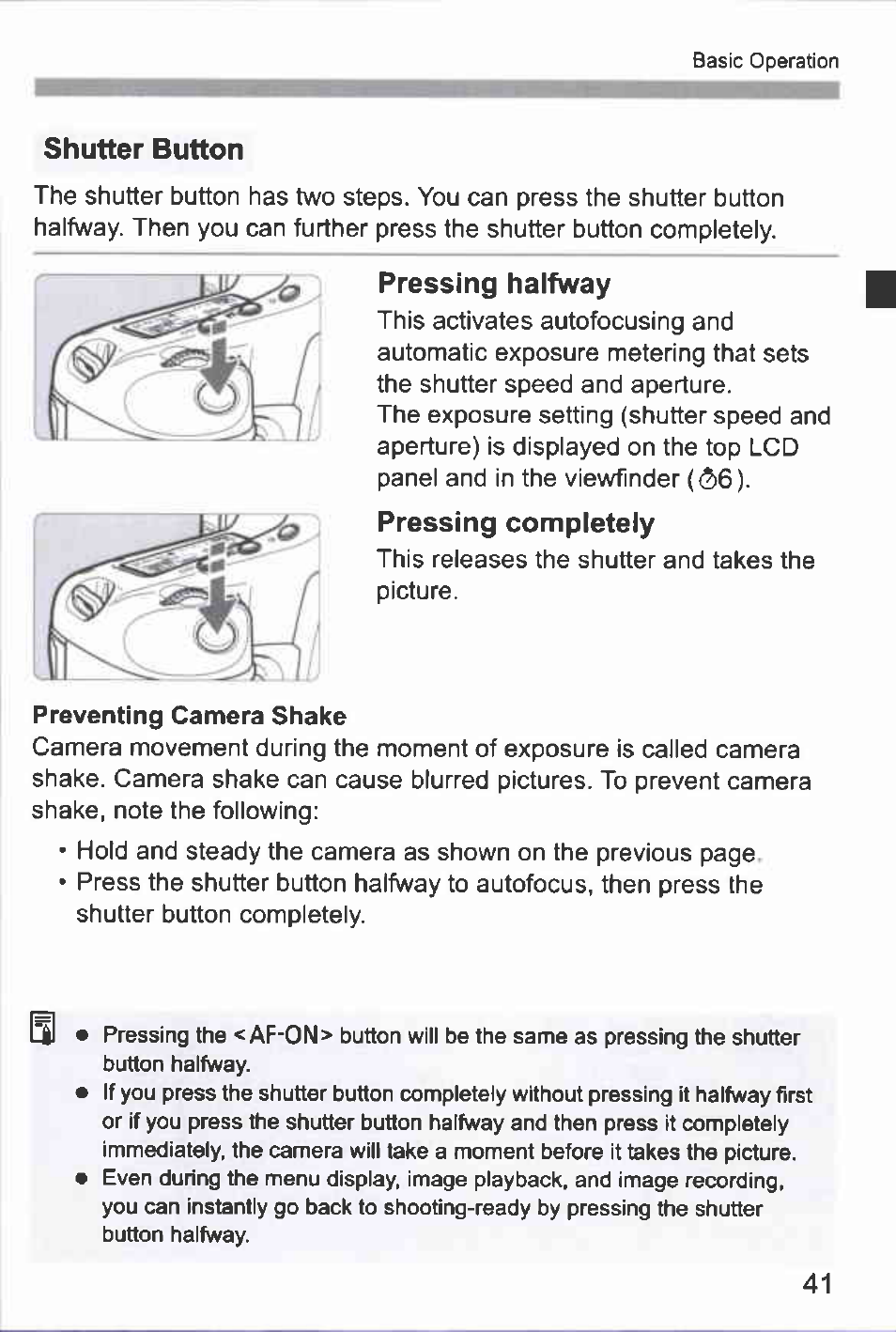 Shutter button, Pressing halfway, Pressing completely | Canon EOS-1D Mark IV User Manual | Page 41 / 276