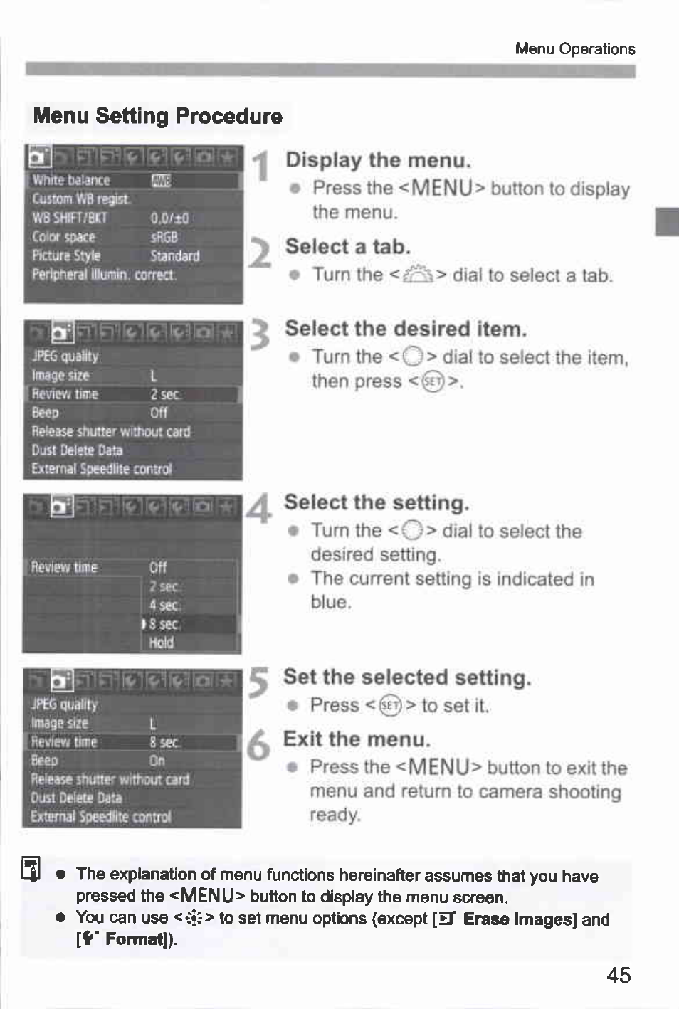 Display the menu, Select a tab, Select the desired item | Select the setting, Set the selected setting, Exit the menu, Menu setting procedure | Canon EOS-1D Mark IV User Manual | Page 45 / 276
