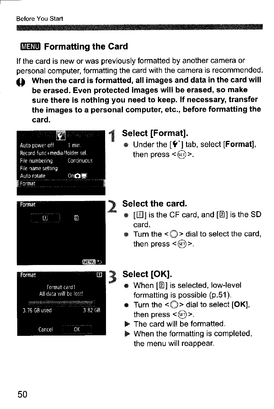 Formatting the card, Select [format, Select the card | Select [ok | Canon EOS-1D Mark IV User Manual | Page 50 / 276