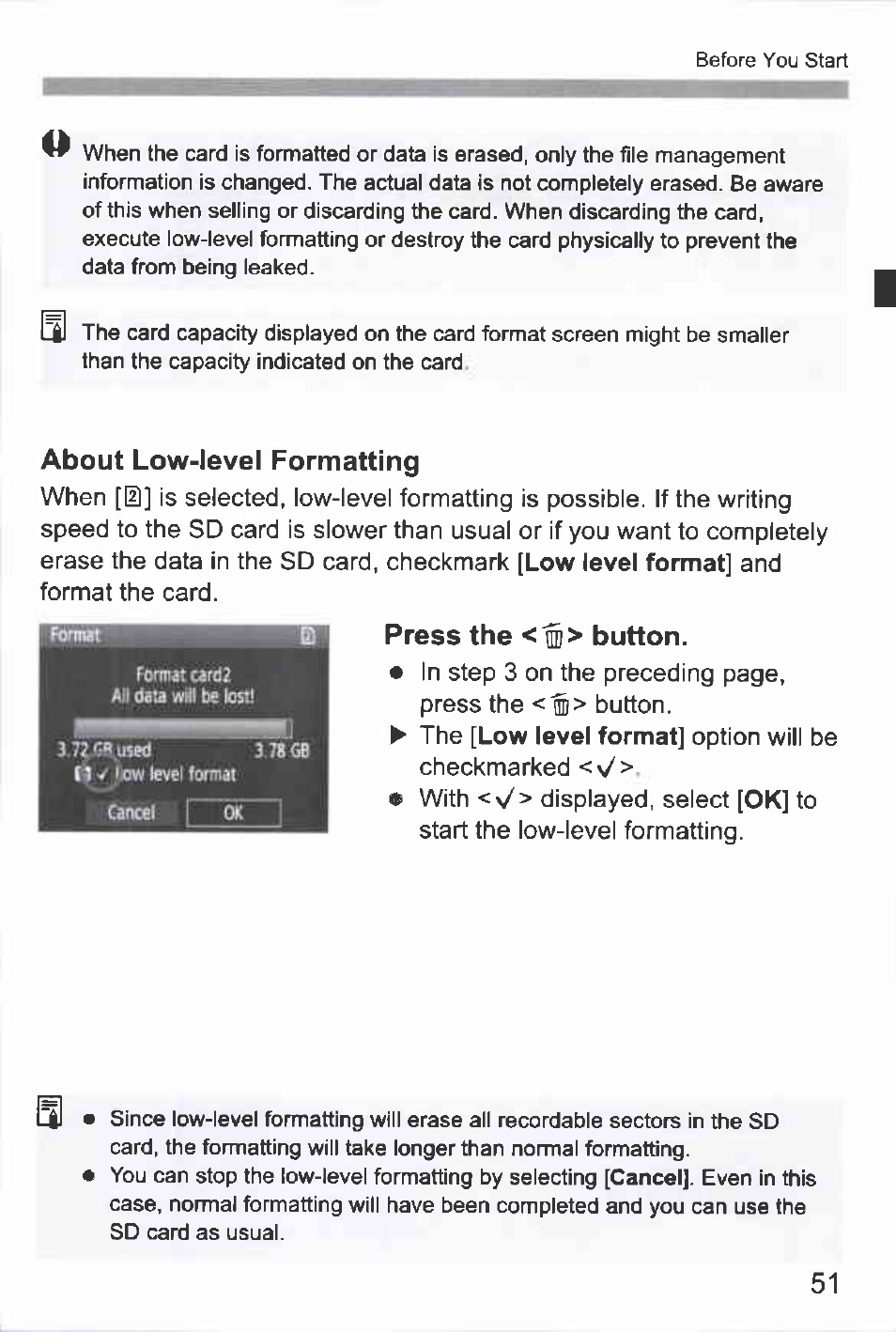 About low-level formatting, Press the < m> button | Canon EOS-1D Mark IV User Manual | Page 51 / 276