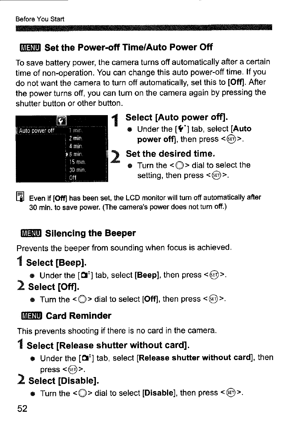 Set the power-off time/auto power off, Select [auto power off, Set the desired time | Silencing the beeper, 1 select [beep, 2 select [off, Him card reminder, 1 select [release shutter without card, 2 select [disable | Canon EOS-1D Mark IV User Manual | Page 52 / 276