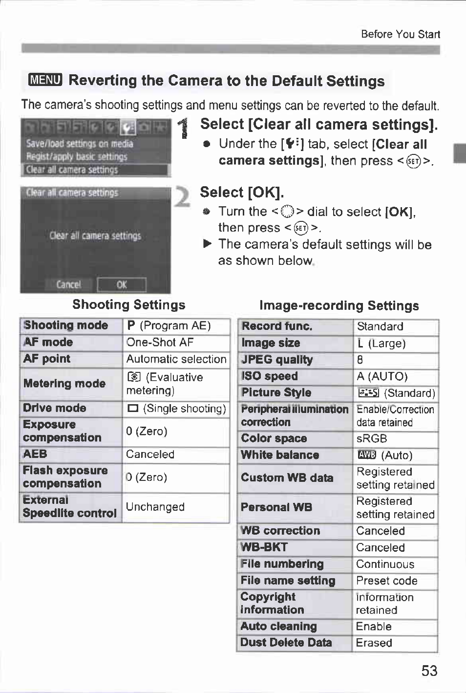 Ibid reverting the camera to the default settings, Select [clear all camera settings, Select [ok | Reverting the camera to the default settings, Ibid | Canon EOS-1D Mark IV User Manual | Page 53 / 276