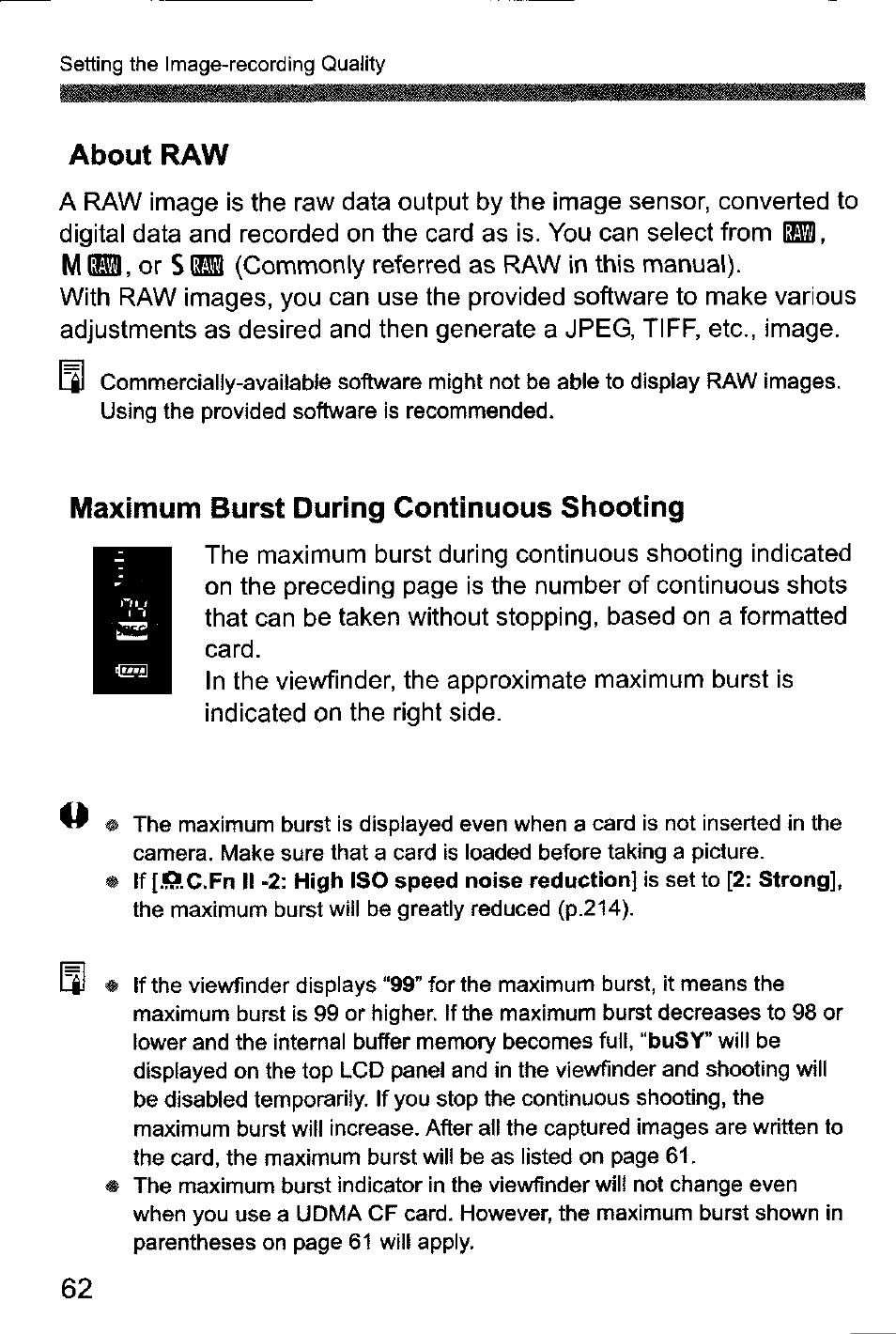 About raw, Maximum burst during continuous shooting | Canon EOS-1D Mark IV User Manual | Page 62 / 276