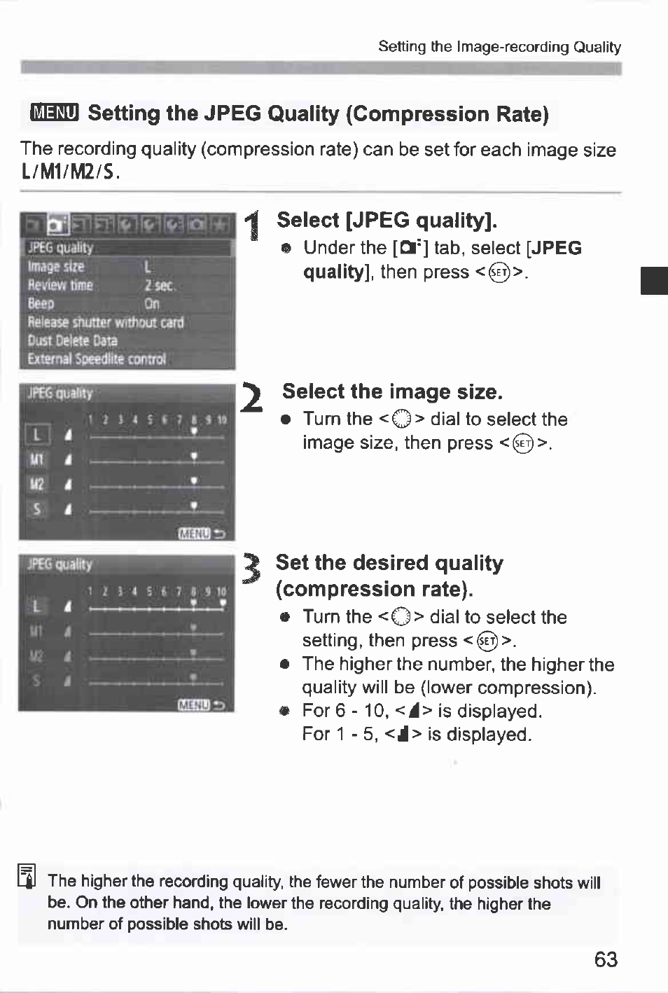 Imib setting the jpeg quality (compression rate), L/m1/m2/s, Select [jpeg quality | Select the image size, Set the desired quality (compression rate), Setting the jpeg quality (compression rate) | Canon EOS-1D Mark IV User Manual | Page 63 / 276
