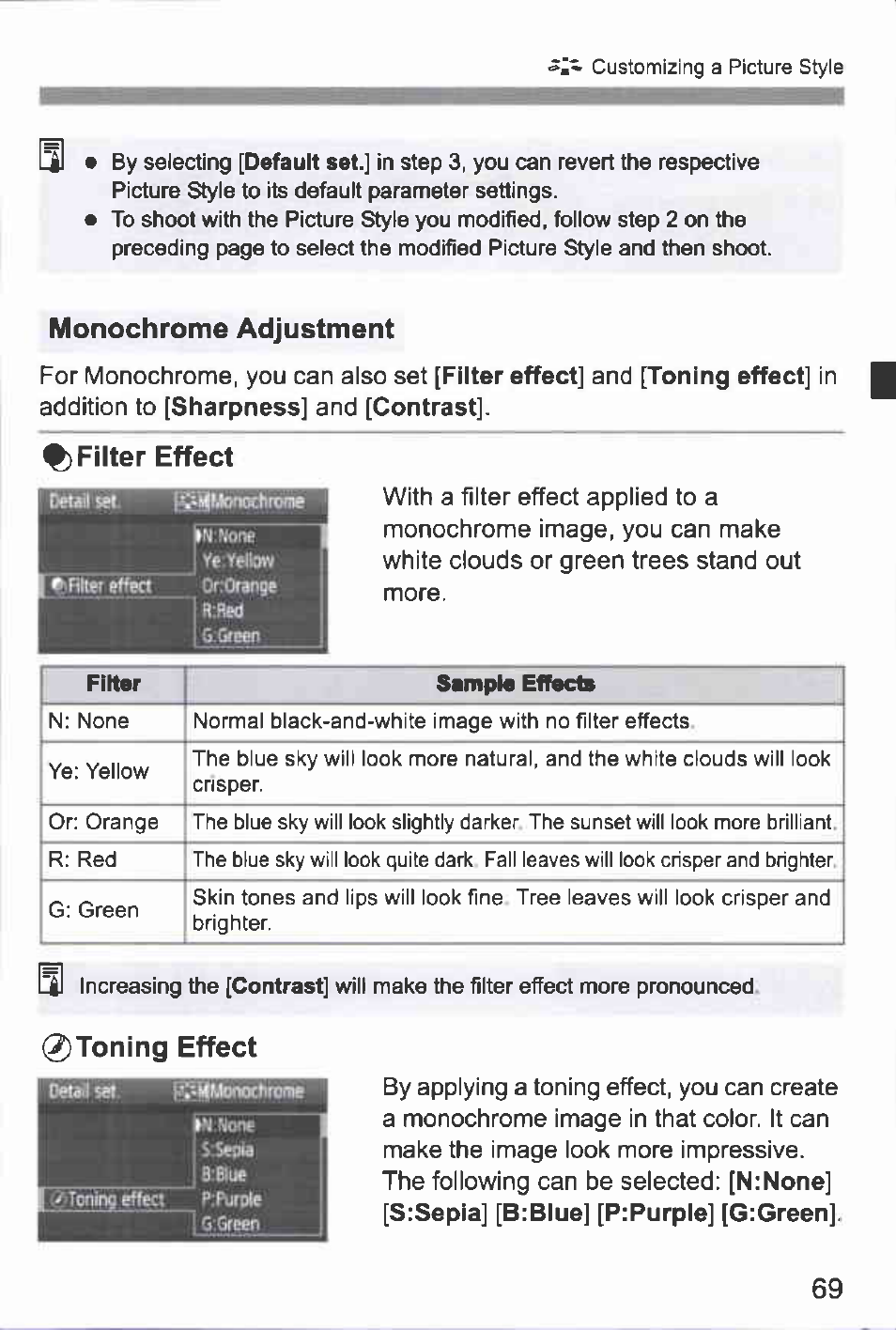 Monochrome adjustment, Filter effect, 0toning effect | Canon EOS-1D Mark IV User Manual | Page 69 / 276