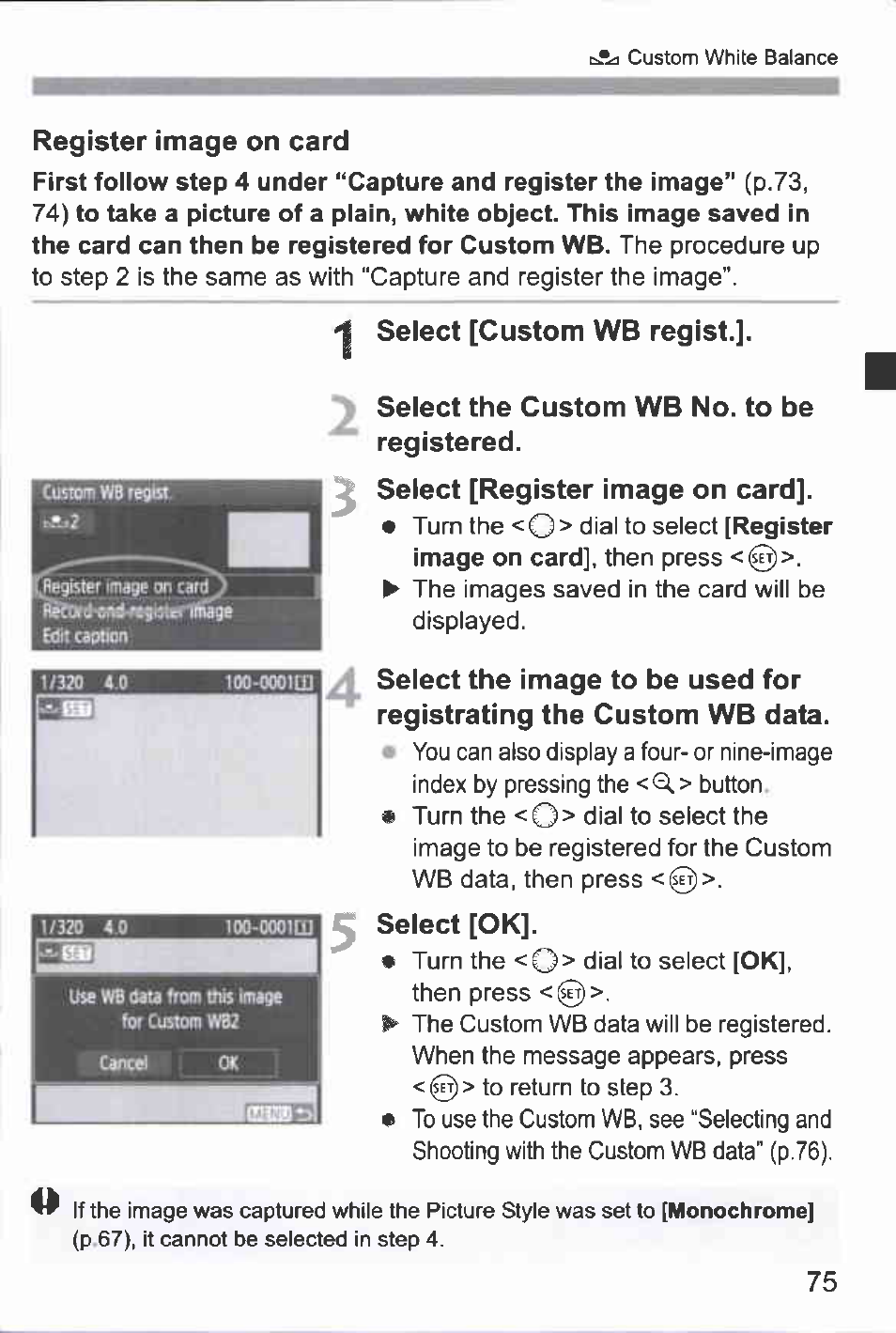 Register image on card, 1 select [custom wb regist, Select the custom wb no. to be registered | Select [register image on card, Select [ok | Canon EOS-1D Mark IV User Manual | Page 75 / 276