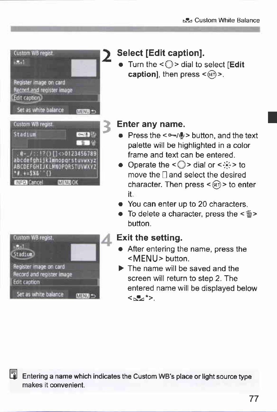 Select [edit caption, Enter any name, Exit the setting | M e n u | Canon EOS-1D Mark IV User Manual | Page 77 / 276