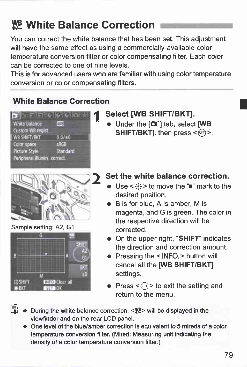 K! white balance correction, Select [wb shift/bkt, Set the white balance correction | Sj5 white balance correction, White balance correction p.79 | Canon EOS-1D Mark IV User Manual | Page 79 / 276