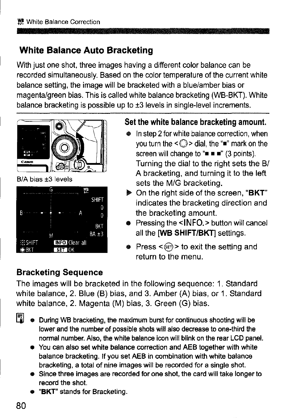 White balance auto bracketing, Set the white balance bracketing amount, Bracketing sequence | Canon EOS-1D Mark IV User Manual | Page 80 / 276