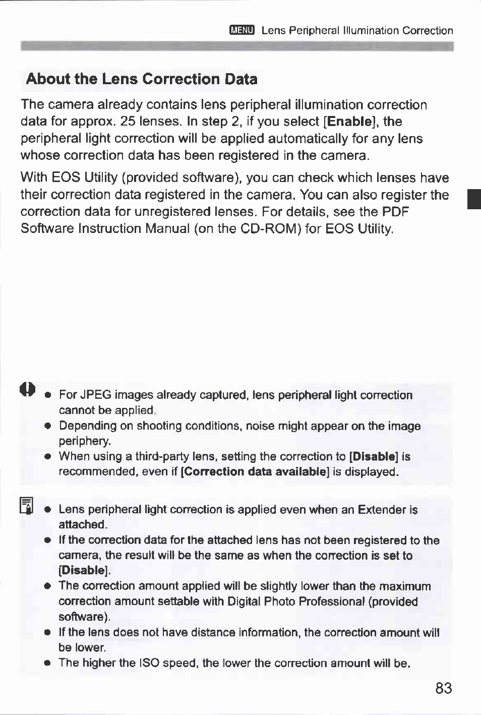 About the lens correction data | Canon EOS-1D Mark IV User Manual | Page 83 / 276