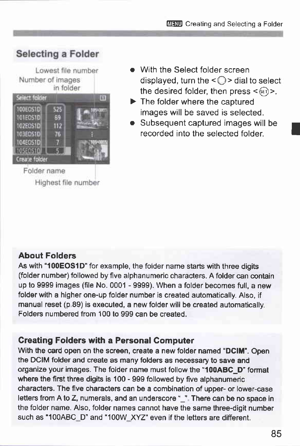 Selecting a folder | Canon EOS-1D Mark IV User Manual | Page 85 / 276