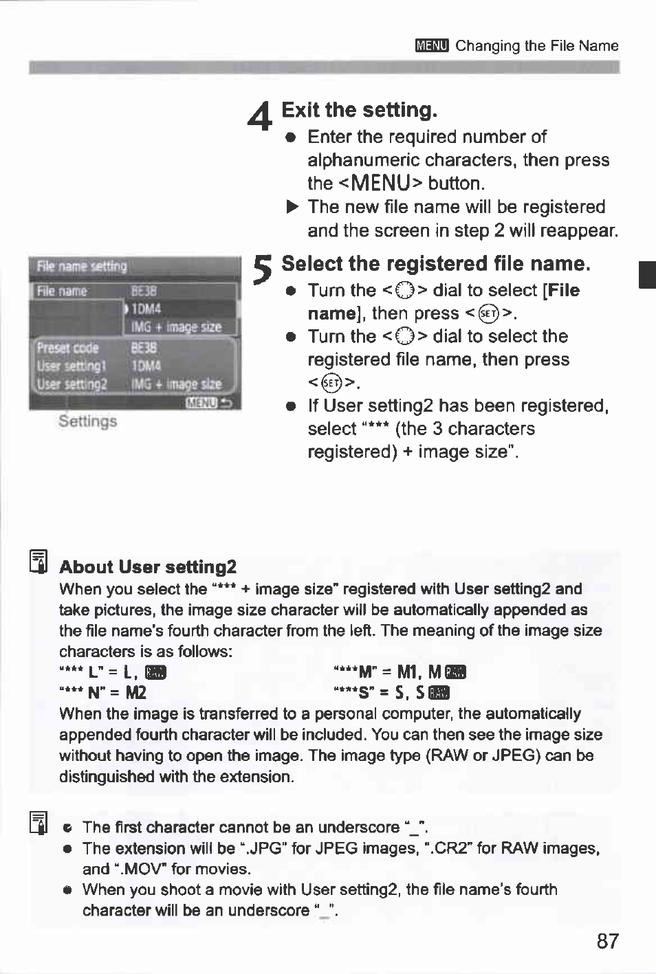 Exit the setting, Seiect the registered fiie name, Menu | L-=l,m “*"m"=m1,mm “***n"=m2 “***s"=s, s | Canon EOS-1D Mark IV User Manual | Page 87 / 276