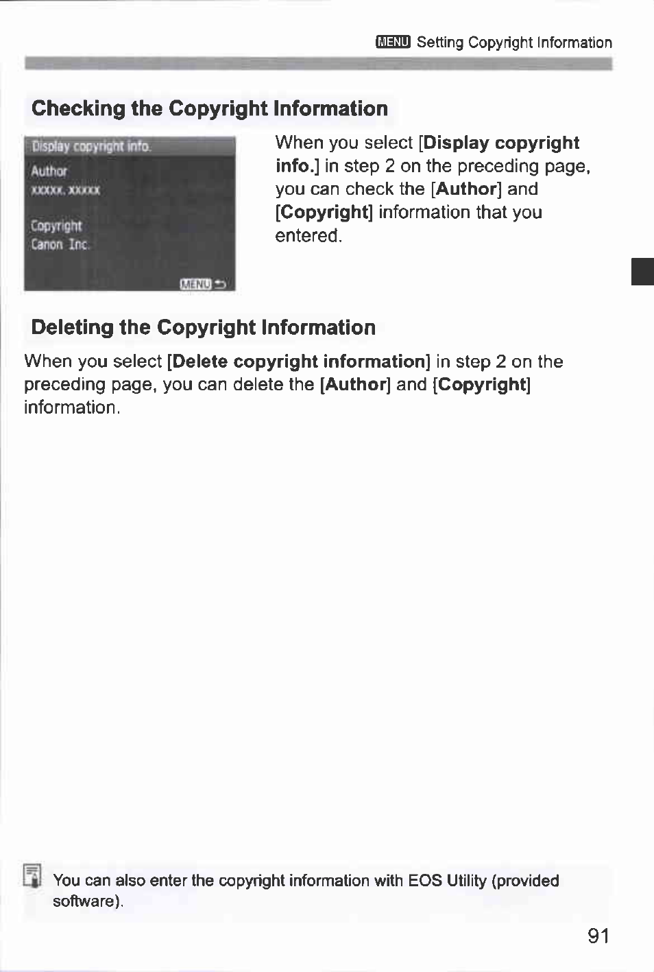 Checking the copyright information, Deleting the copyright information | Canon EOS-1D Mark IV User Manual | Page 91 / 276