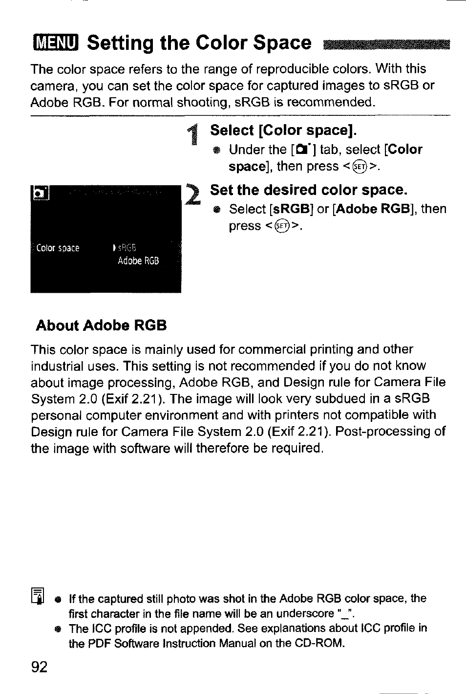 Mud setting the color space, 1 select [color space, Set the desired color space | About adobe rgb, Setting the color space | Canon EOS-1D Mark IV User Manual | Page 92 / 276