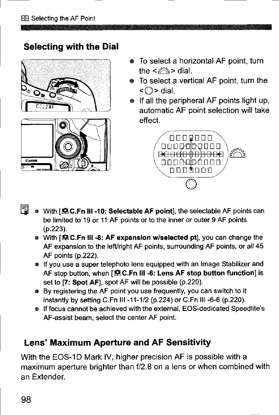 Selecting with the dial, Lens’ maximum aperture and af sensitivity | Canon EOS-1D Mark IV User Manual | Page 98 / 276