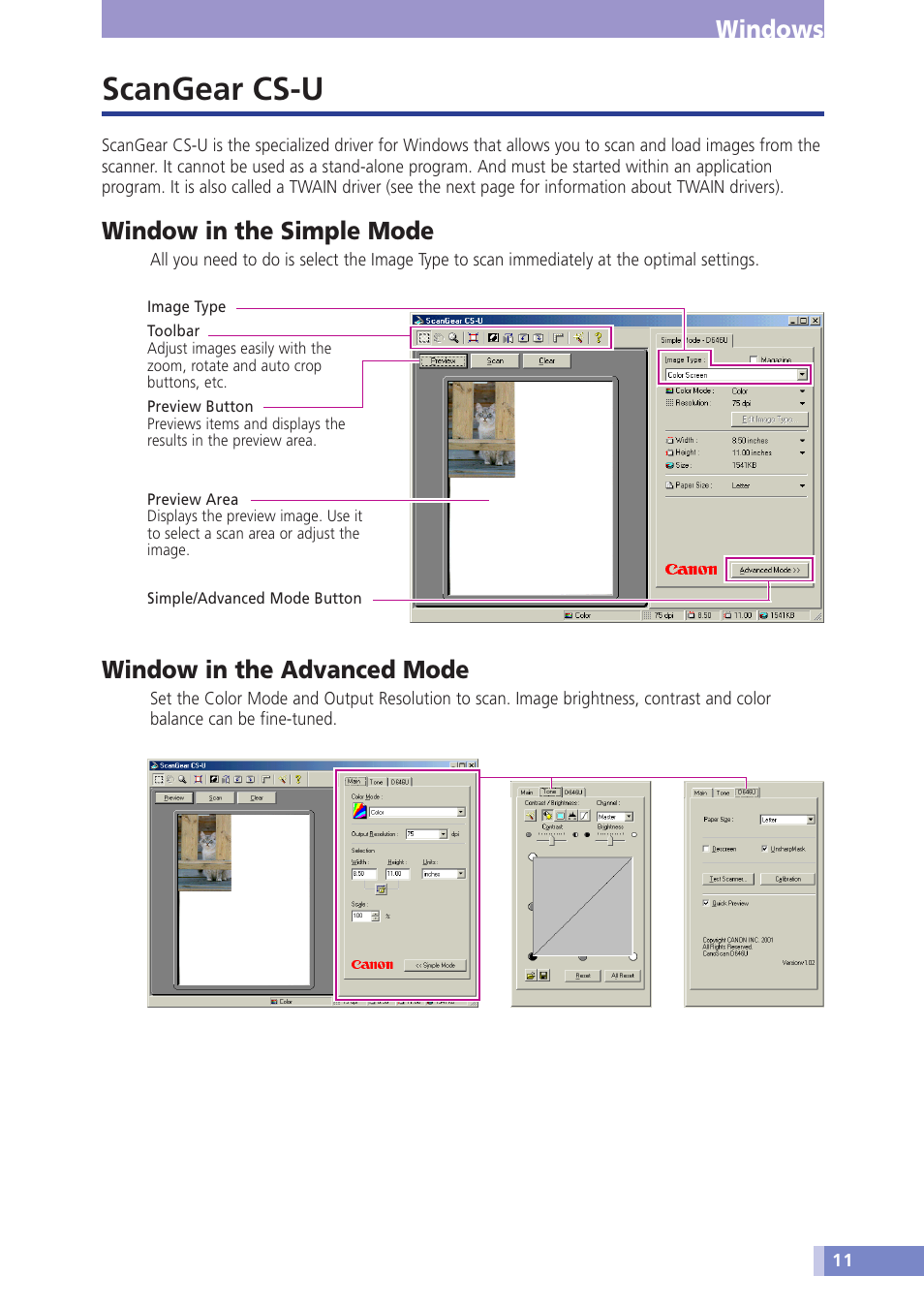 Scangear cs-u, Windows, Window in the simple mode | Window in the advanced mode | Canon CanoScan D646U User Manual | Page 11 / 21