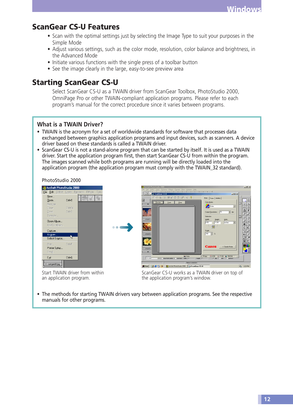 Windows scangear cs-u features, Starting scangear cs-u | Canon CanoScan D646U User Manual | Page 12 / 21