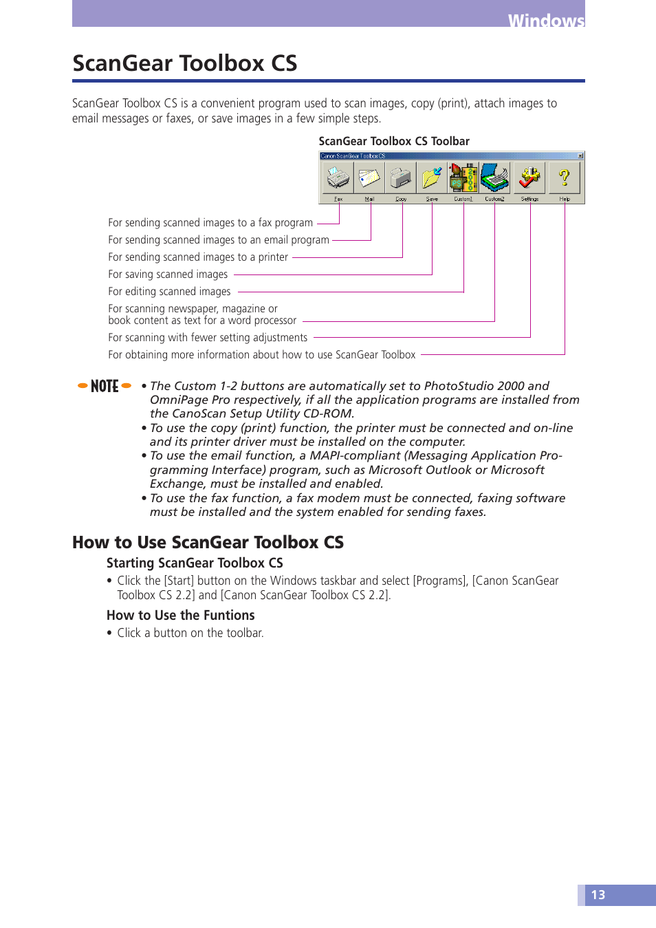 Scangear toolbox, Scangear toolbox cs, Windows | How to use scangear toolbox cs | Canon CanoScan D646U User Manual | Page 13 / 21