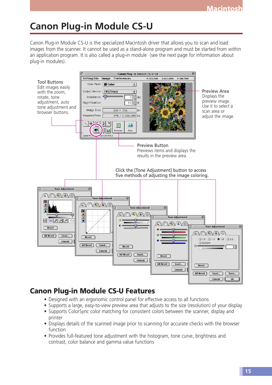 Canon plug-in module cs-u, Macintosh, Canon plug-in module cs-u features | Canon CanoScan D646U User Manual | Page 15 / 21