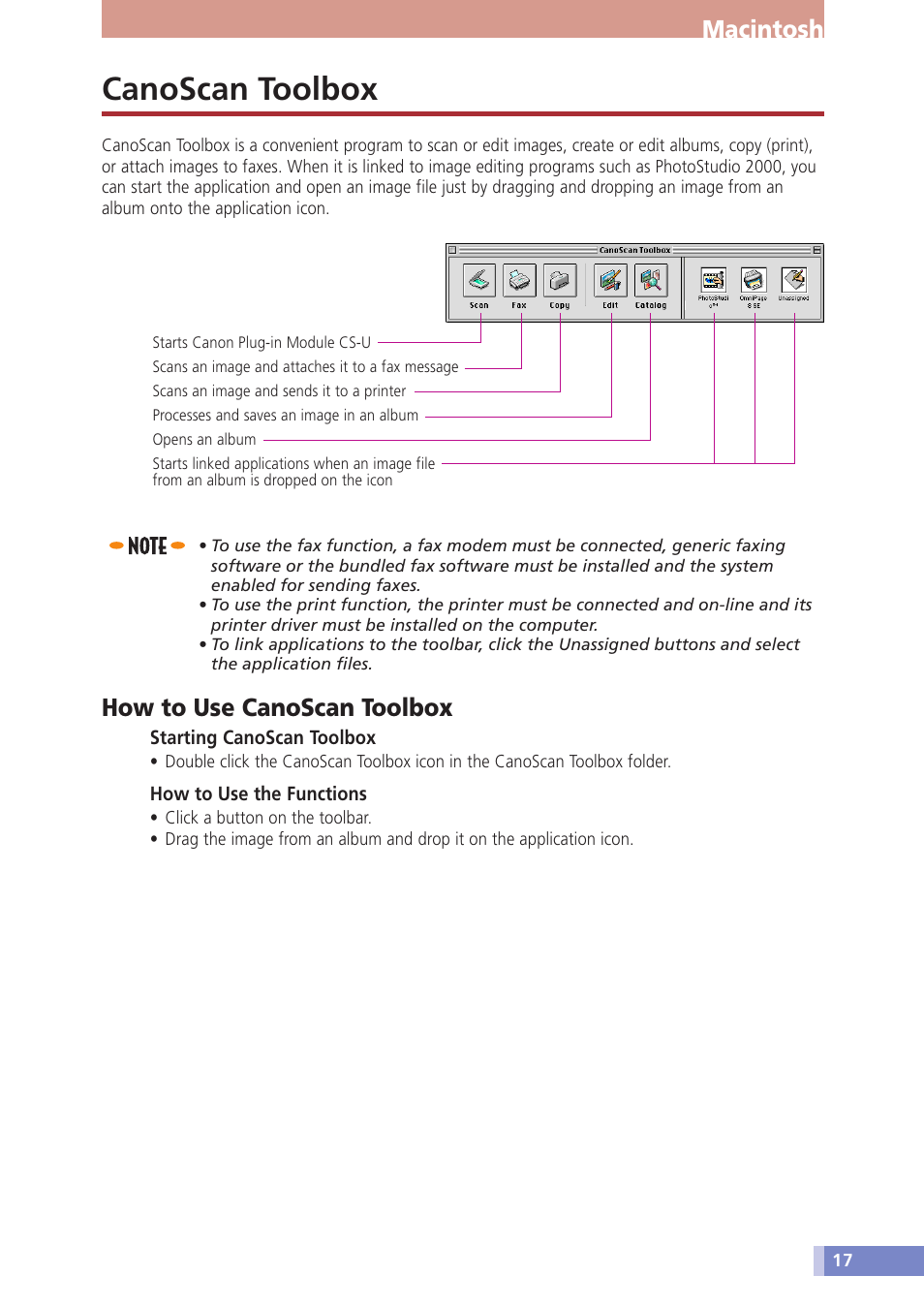 Canoscan toolbox, Macintosh, How to use canoscan toolbox | Canon CanoScan D646U User Manual | Page 17 / 21