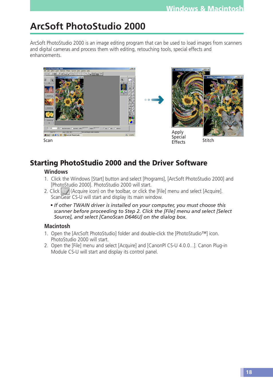 Arcsoft photostudio 2000, Windows & macintosh, Starting photostudio 2000 and the driver software | Canon CanoScan D646U User Manual | Page 18 / 21