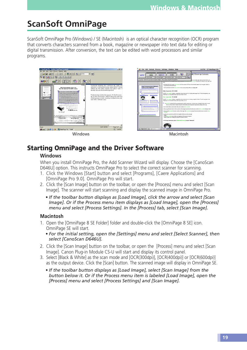 Scansoft omnipage, Windows & macintosh, Starting omnipage and the driver software | Canon CanoScan D646U User Manual | Page 19 / 21