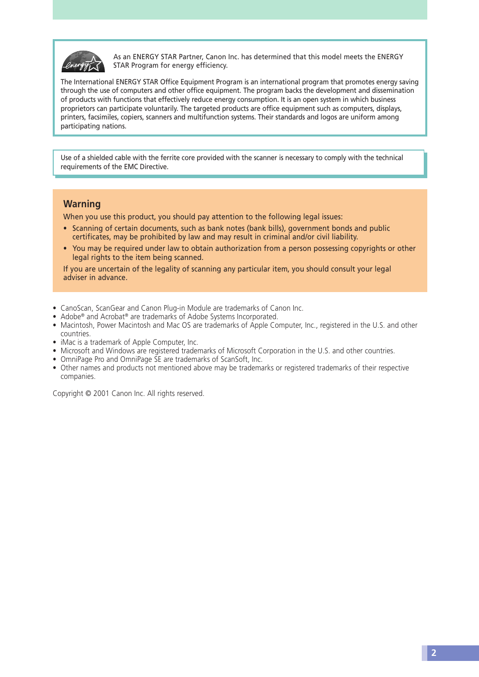 Warning | Canon CanoScan D646U User Manual | Page 2 / 21