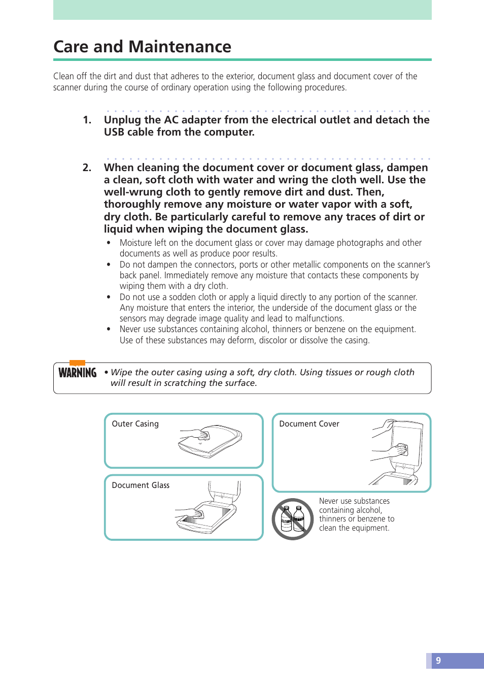 Care and maintenance | Canon CanoScan D646U User Manual | Page 9 / 21