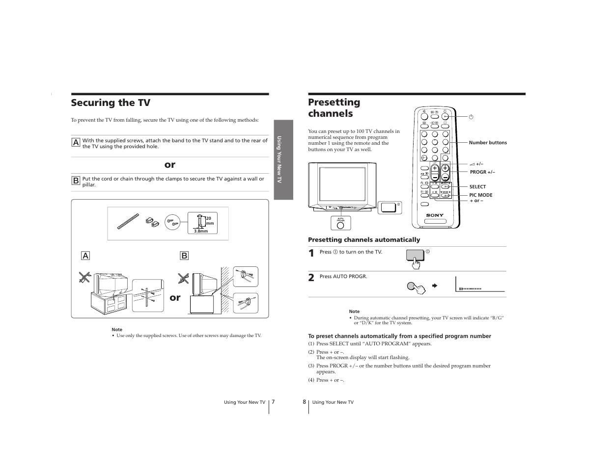 Presetting channels, Securing the tv, One-push automatic programing | Sony Trinitron KV-2199XDK User Manual | Page 10 / 47