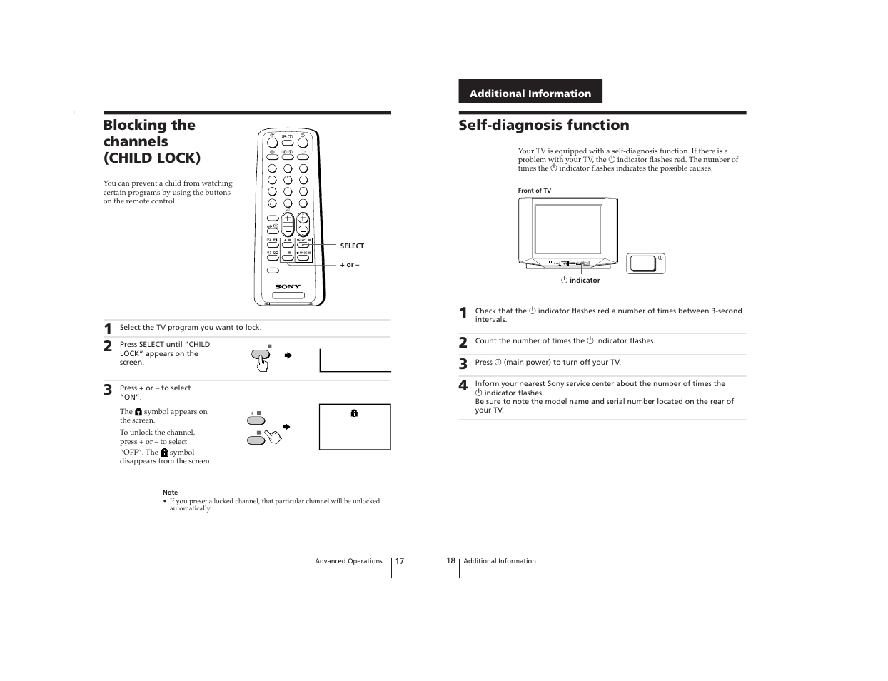 Blocking the channels (child lock), Self-diagnosis function | Sony Trinitron KV-2199XDK User Manual | Page 15 / 47