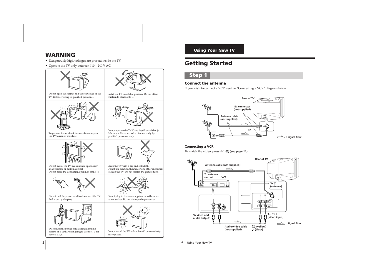 General, Warning, Getting started | Step 1, Using your new tv | Sony Trinitron KV-2199XDK User Manual | Page 8 / 47