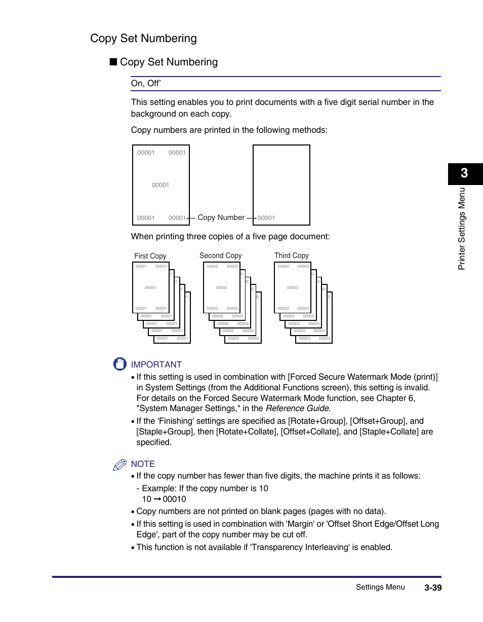 Copy set numbering, Copy set numbering -39, Qcopy set numbering | Pr inter settings menu, On, off, Settings menu, Copy number, First copy, Second copy third copy | Canon IMAGE RUNNER 5075 User Manual | Page 107 / 250