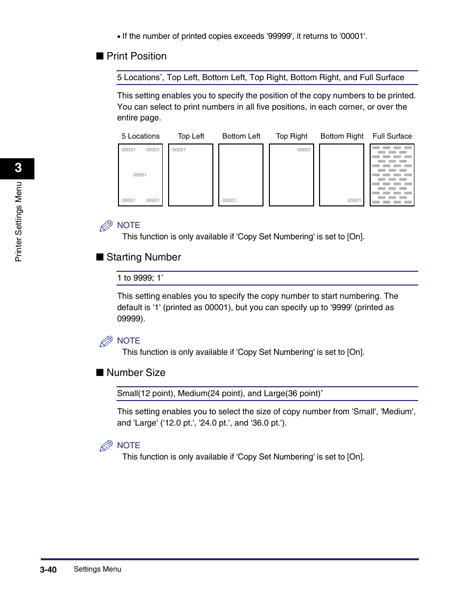 Print position -40, Starting number -40, Number size -40 | Qprint position, Qstarting number, Qnumber size | Canon IMAGE RUNNER 5075 User Manual | Page 108 / 250