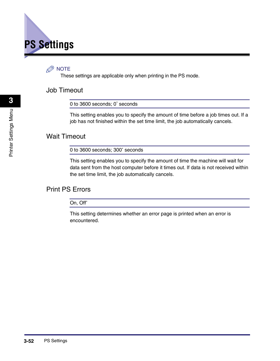 Ps settings, Job timeout, Wait timeout | Print ps errors, Ps settings -52, Job timeout -52, Wait timeout -52 print ps errors -52 | Canon IMAGE RUNNER 5075 User Manual | Page 120 / 250