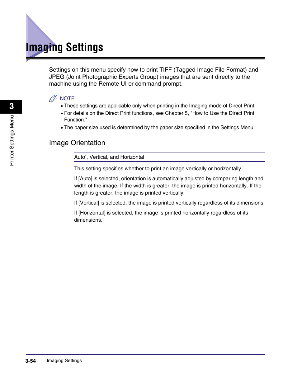 Imaging settings, Image orientation, Imaging settings -54 | Image orientation -54 | Canon IMAGE RUNNER 5075 User Manual | Page 122 / 250